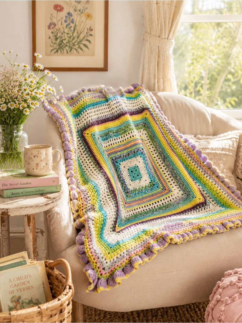 granny square afghan handmade with gorgeous scallop edges pastel colors